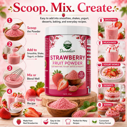 Strawberry Powder, Smoothies & Baking, 200g Pack, Pantry Pack