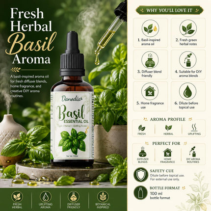 Danodia Foods Basil Essential Oil, Steam Distilled, 100ml, Face & Body Care