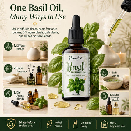 Danodia Foods Basil Essential Oil, Steam Distilled, 100ml, Face & Body Care