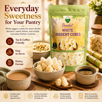 Organic White Jaggery Cubes, Cane Gur Sweetener, 1 lb Pack