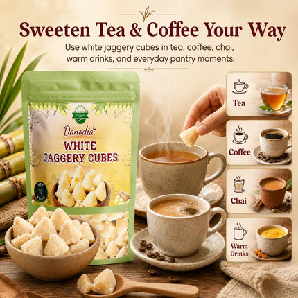 Organic White Jaggery Cubes, Cane Gur Sweetener, 1 lb Pack