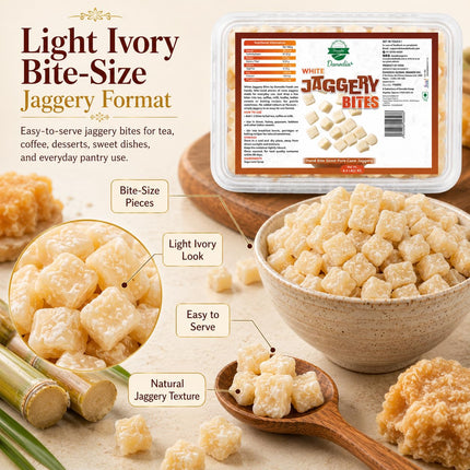 Organic White Jaggery Bites, Cane Gur Sweetener, 1 lb Pack