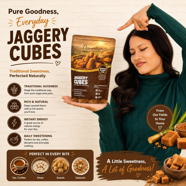 Organic Jaggery Cubes, Cane Gur Sweetener, 1 lb Pack