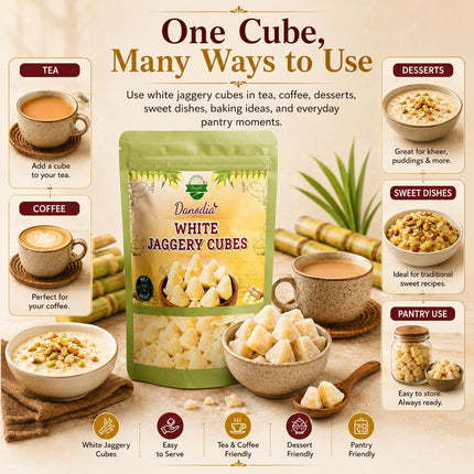 Organic White Jaggery Cubes, Cane Gur Sweetener, 1 lb Pack