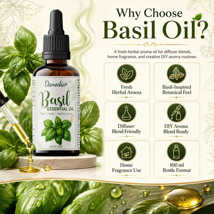 Danodia Foods Basil Essential Oil, Steam Distilled, 100ml, Face & Body Care