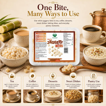Organic White Jaggery Bites, Cane Gur Sweetener, 1 lb Pack