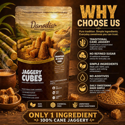Organic Jaggery Cubes, Cane Gur Sweetener, 1 lb Pack