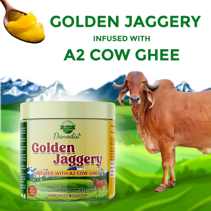 Danodia Foods Golden Jaggery Infused with A2 Cow Ghee – 400g | Made with Sugarcane Juice & Pure A2 Cow Ghee